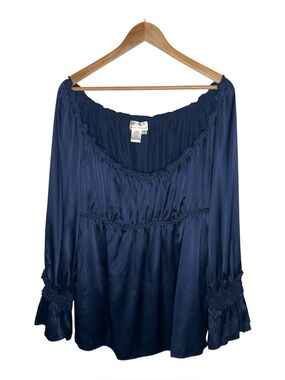 Vintage Navy Blue 100% Silk Square Neck Ruffle Trim Long Sleeve Babydoll Top